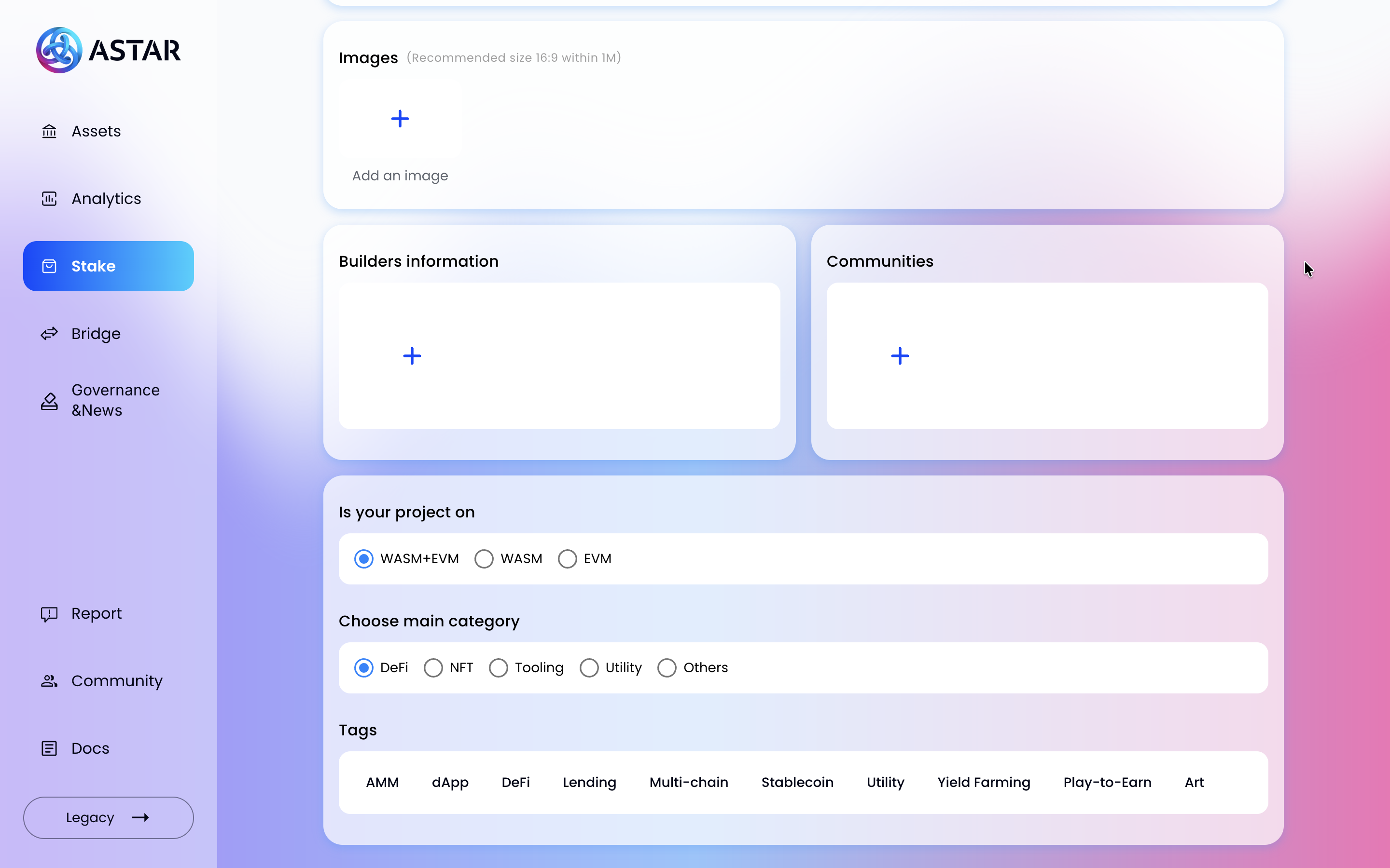 Project info form, second section with platform, category, and tags
