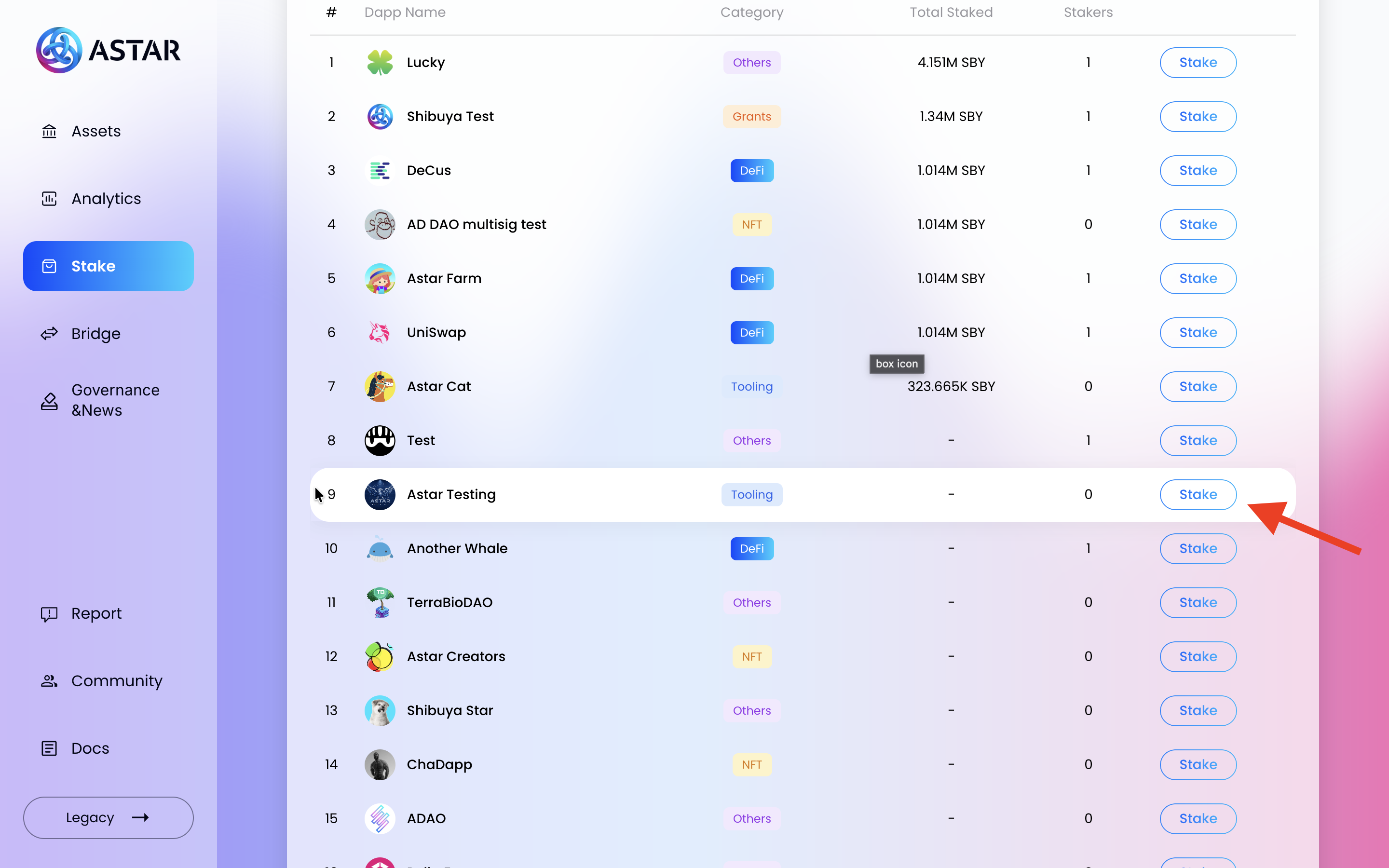dApp rankings table with project listed