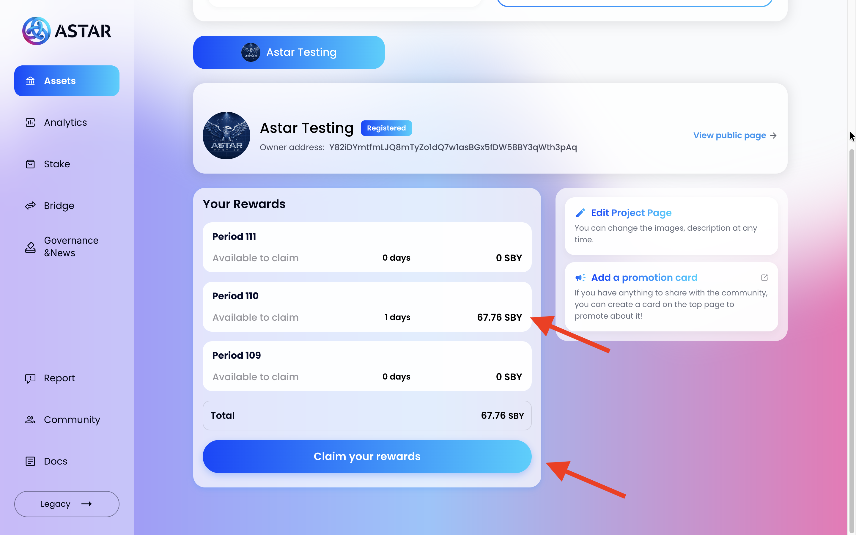 Rewards table with all periods and Claim your rewards button