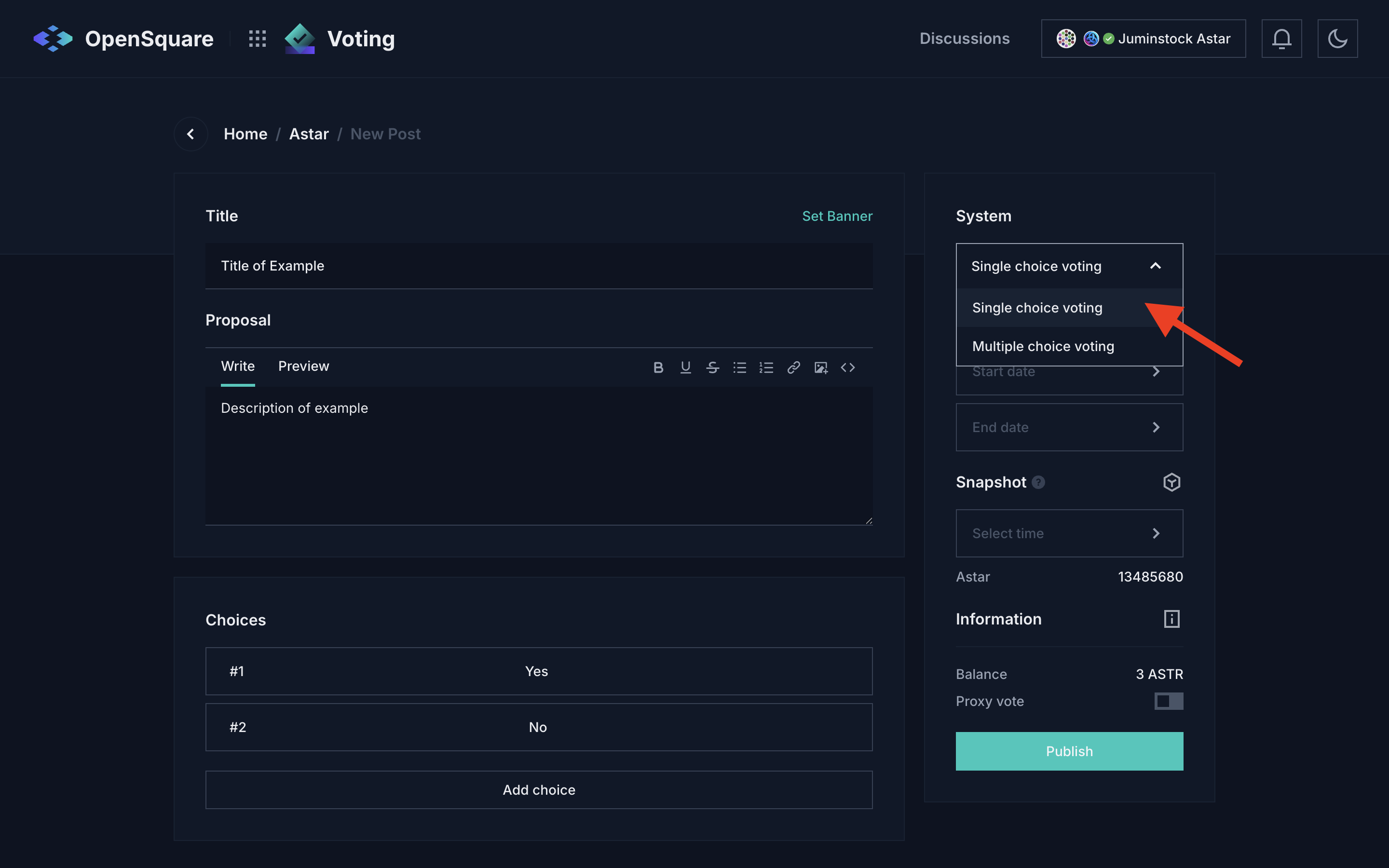 Voting type dropdown: single choice or multiple choice